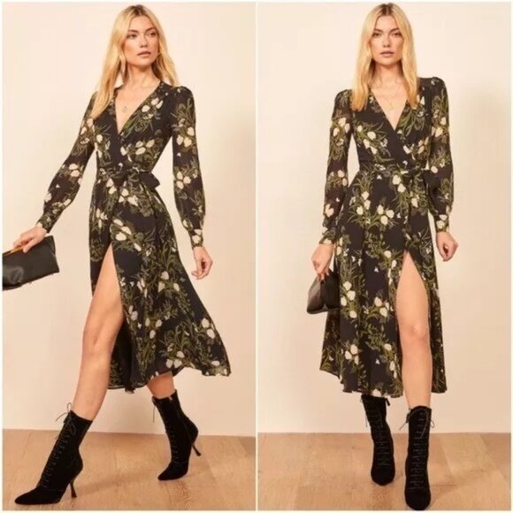NEW Reformation Black Floral Susanna Midi Dress in Anastasia $248